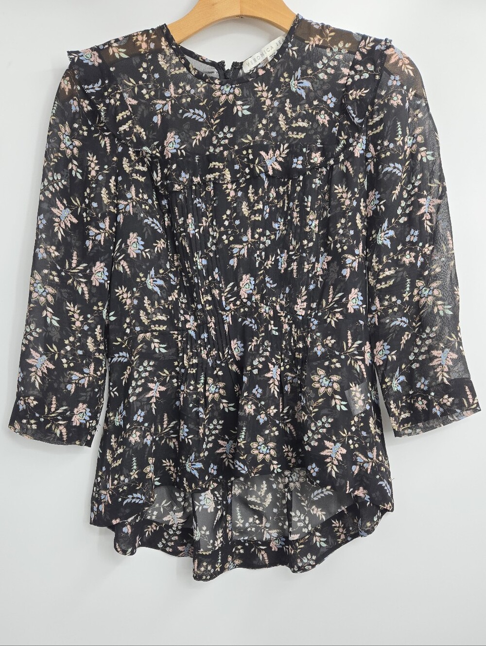 Veronica Beard Thompson Blouse Black Silk Floral Ruffle Peplum - Picture 2 of 16